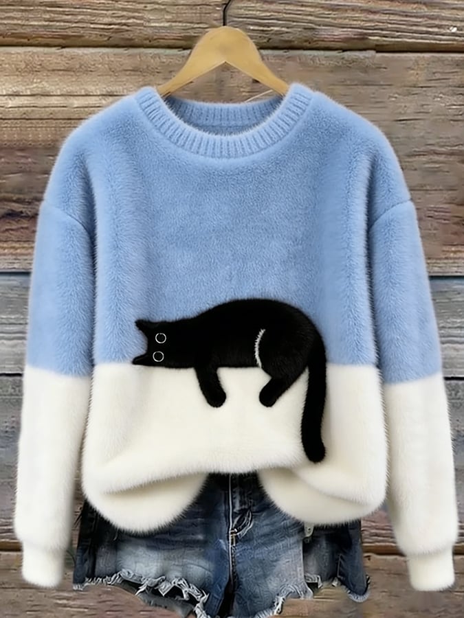 Sweter damski z nadrukiem kota o luźnym kroju 8