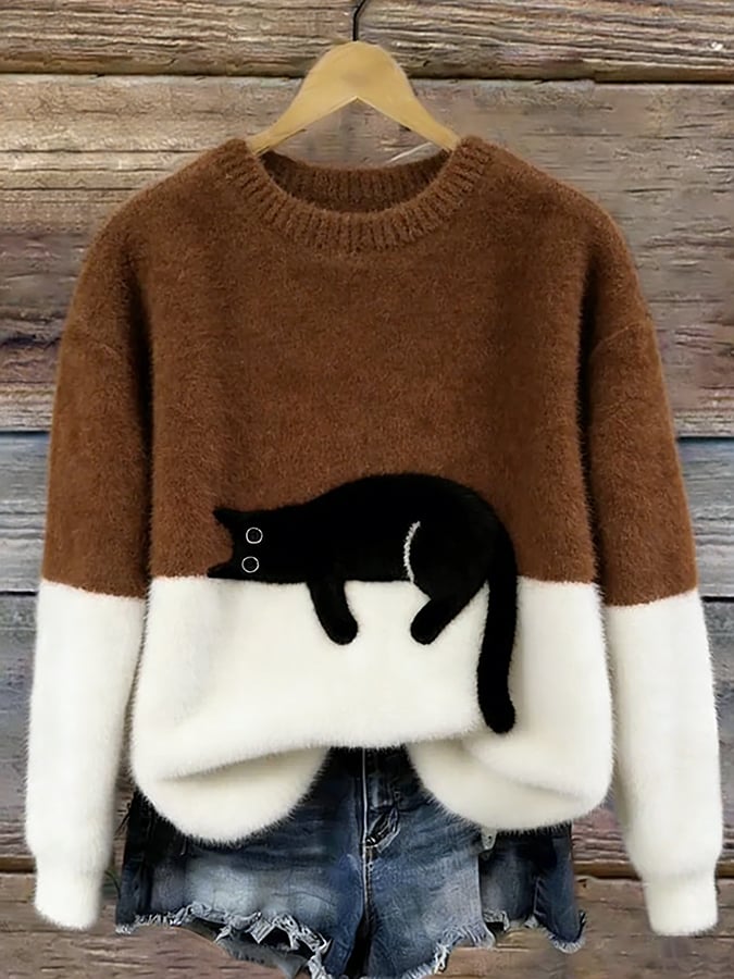 Sweter damski z nadrukiem kota o luźnym kroju 9
