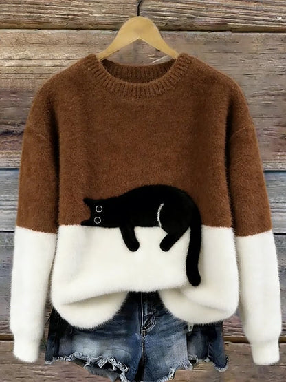 Sweter damski z nadrukiem kota o luźnym kroju 9