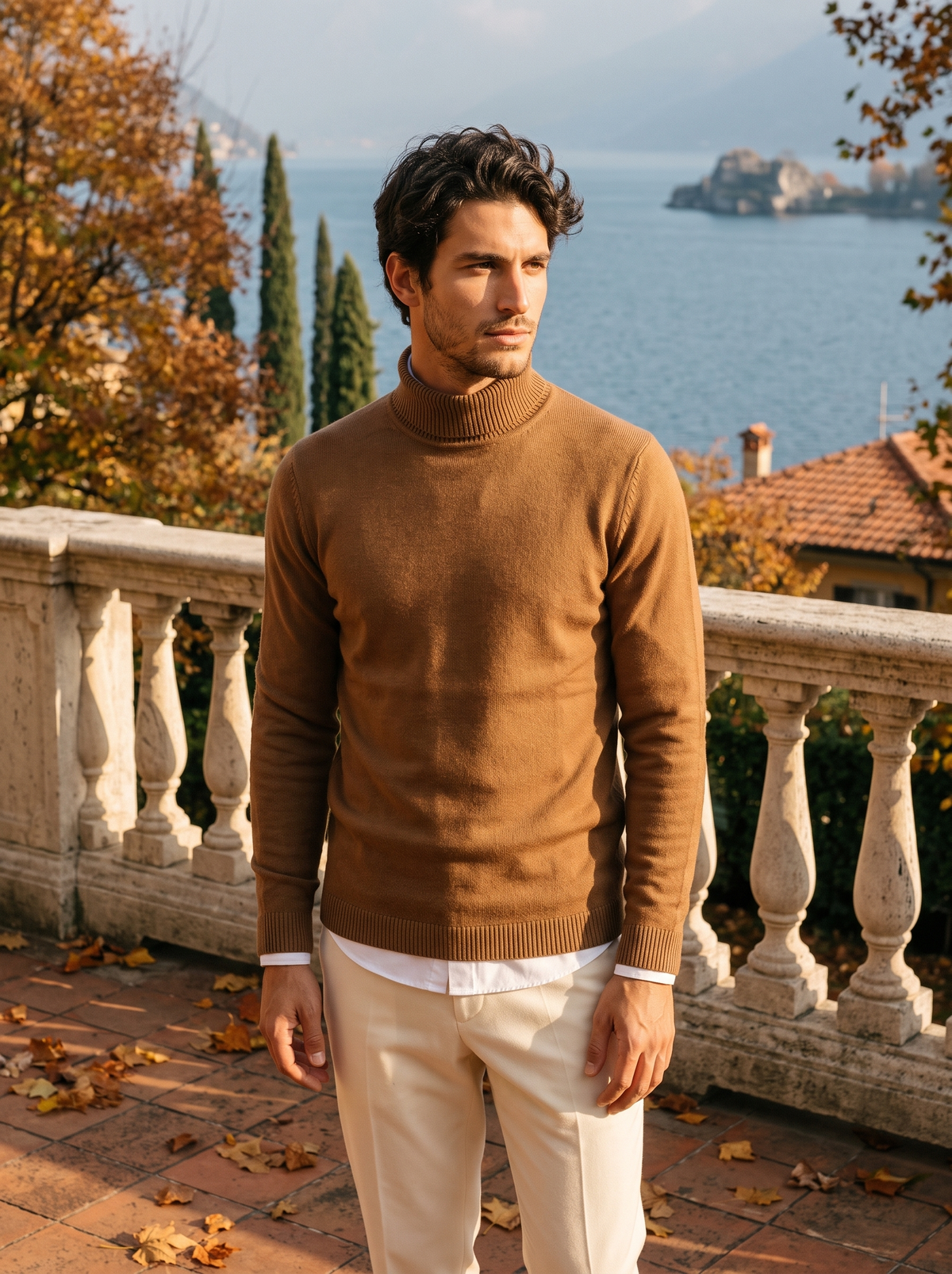 Sweter męski golf wełniany, gładka dzianina i prążkowane mankiety 3