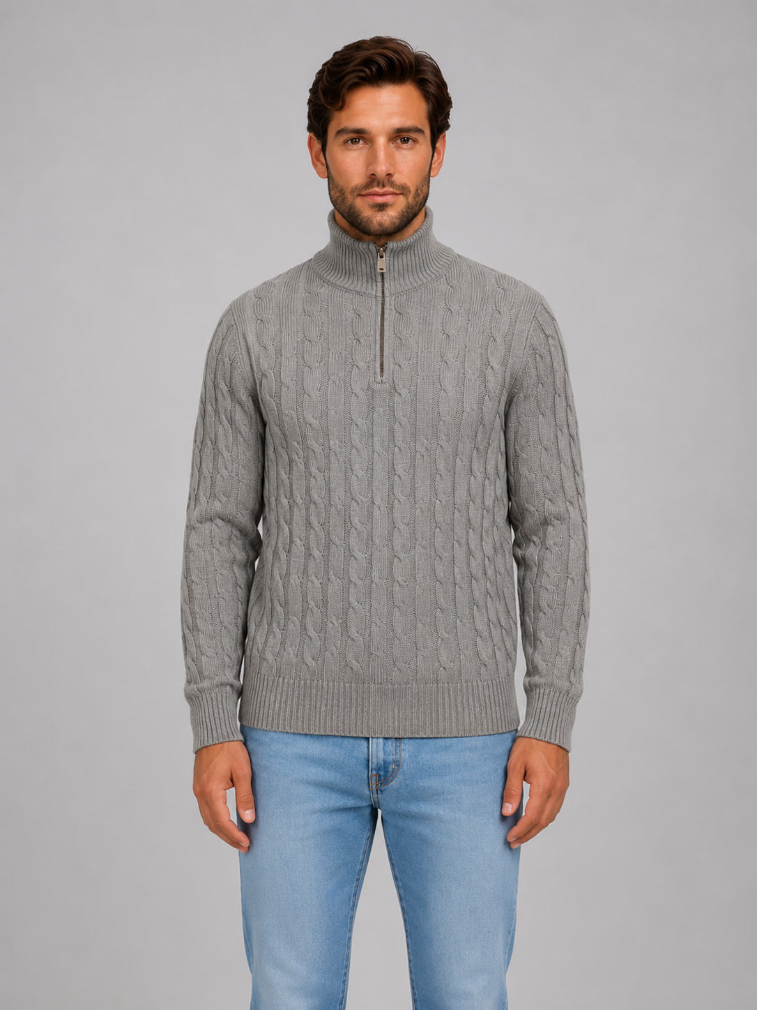 Sweter męski na suwak warkocz ze stojącym kołnierzem prążkowany 4