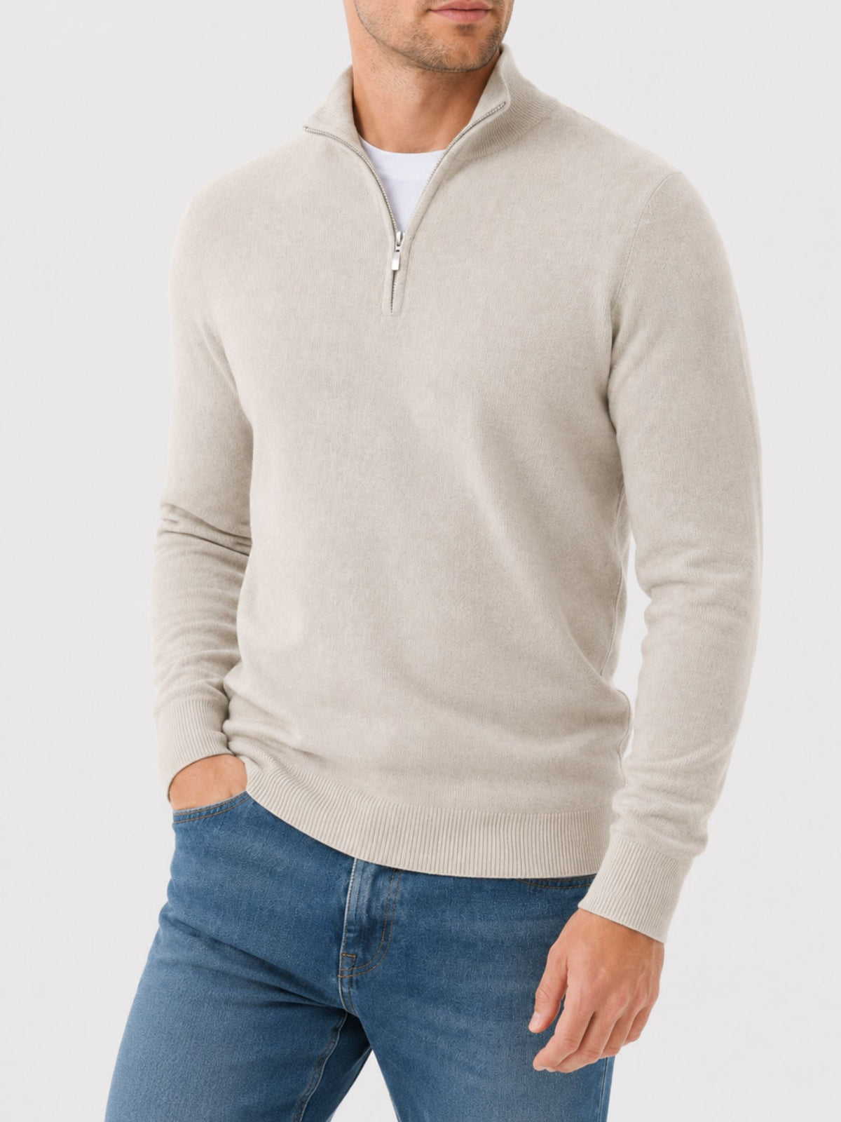 Sweter męski w serek z wełny merynosa, z zamkiem, splot fakturowy 9