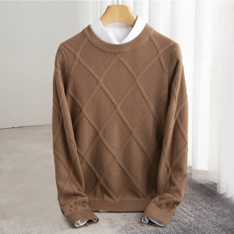 Sweter męski wełniany we wzór argyle z okrągłym dekoltem 4