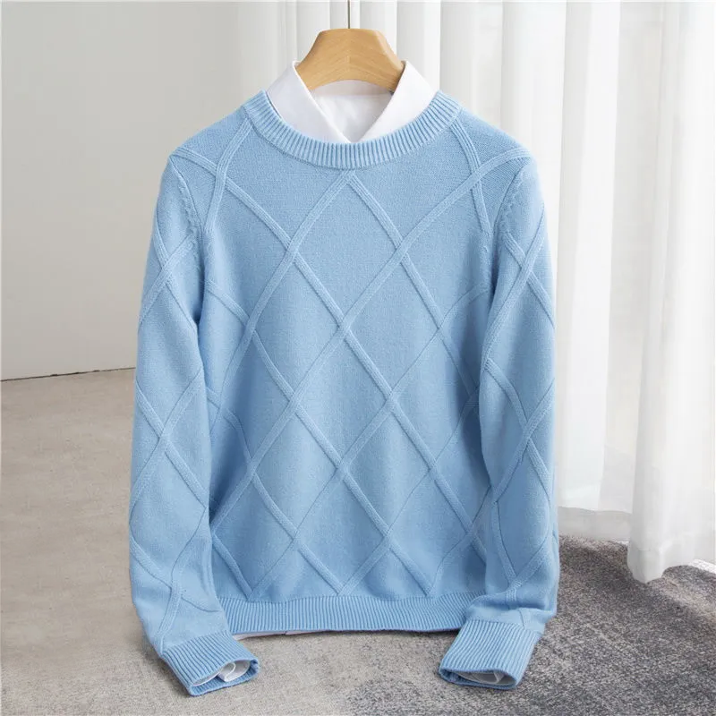 Sweter męski wełniany we wzór argyle z okrągłym dekoltem 7