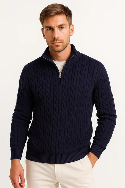 Sweter męski z zamkiem i stójką, splot warkoczowy, gruby 1