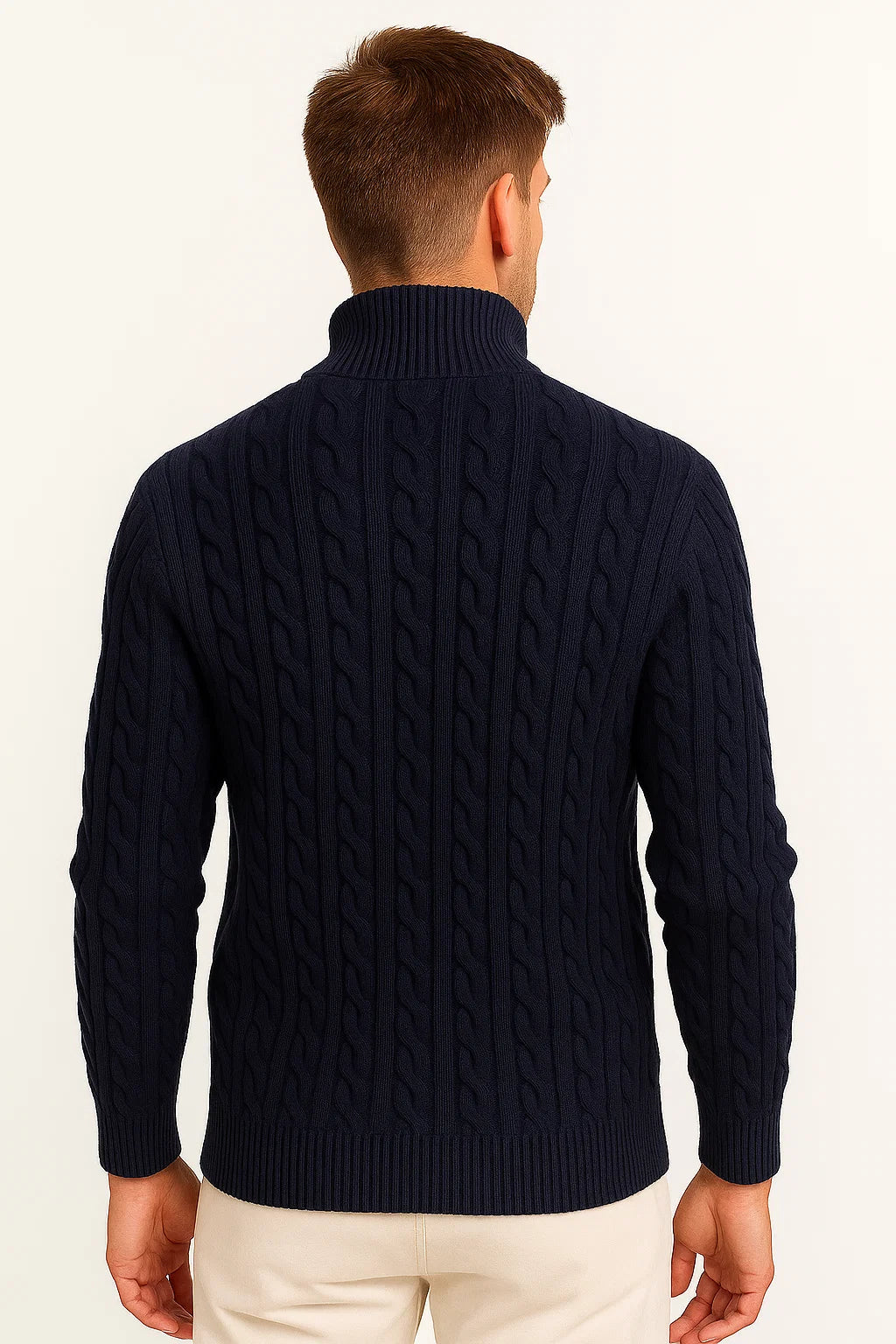 Sweter męski z zamkiem i stójką, splot warkoczowy, gruby 6
