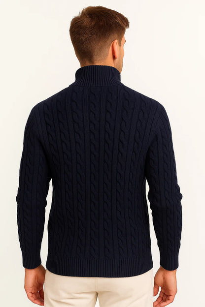 Sweter męski z zamkiem i stójką, splot warkoczowy, gruby 6