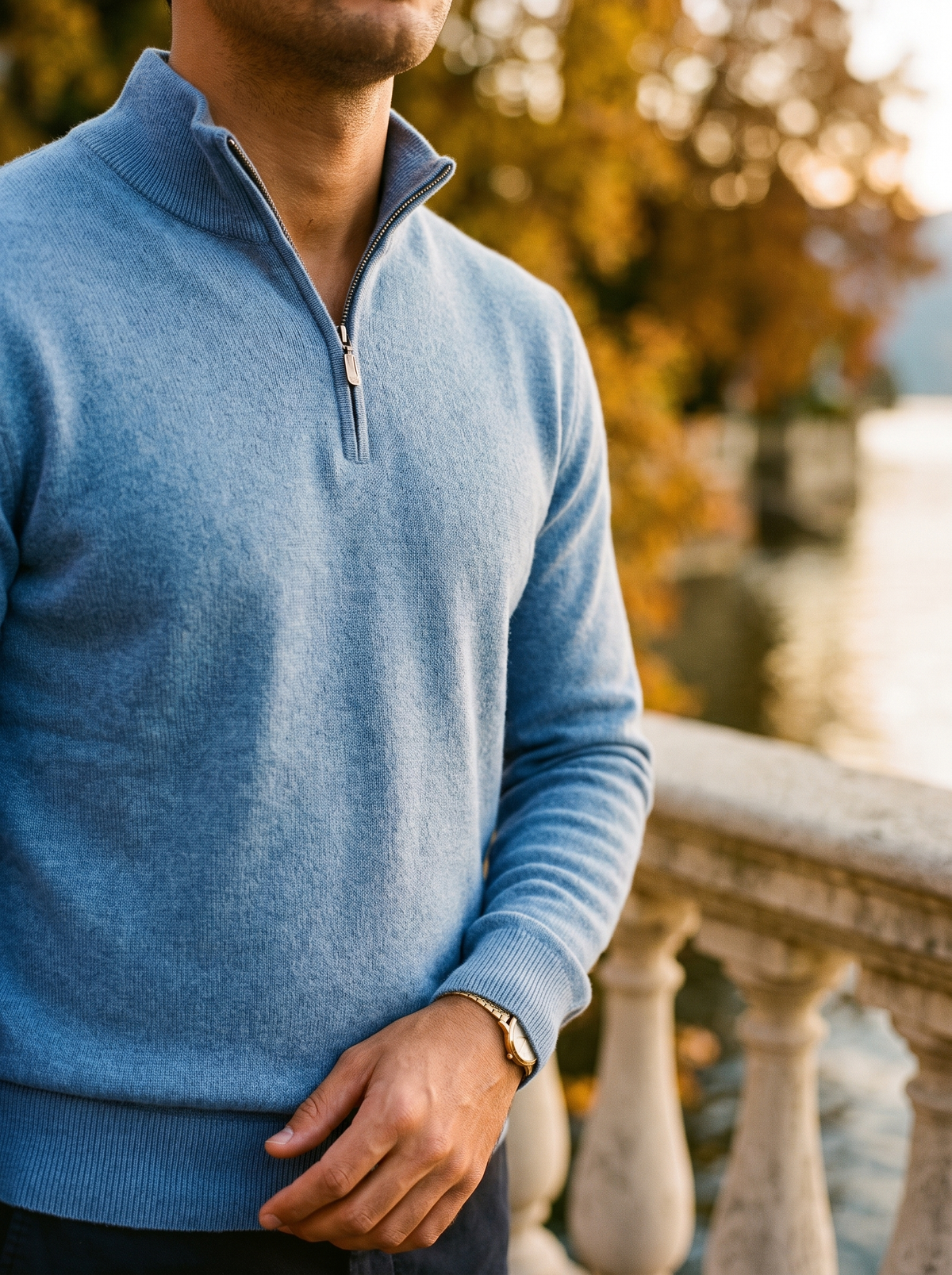 Sweter męski ze stójką i krótkim zamkiem, bawełna z wełną 5