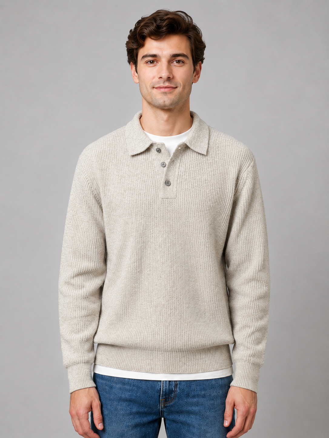 Sweter polo męski lekki na guziki z kołnierzem 2