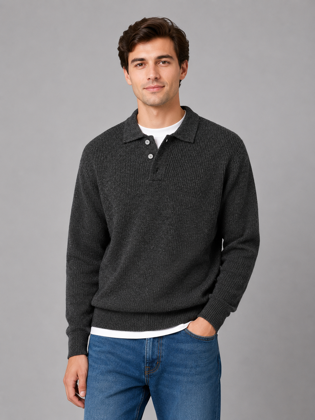 Sweter polo męski lekki na guziki z kołnierzem 3