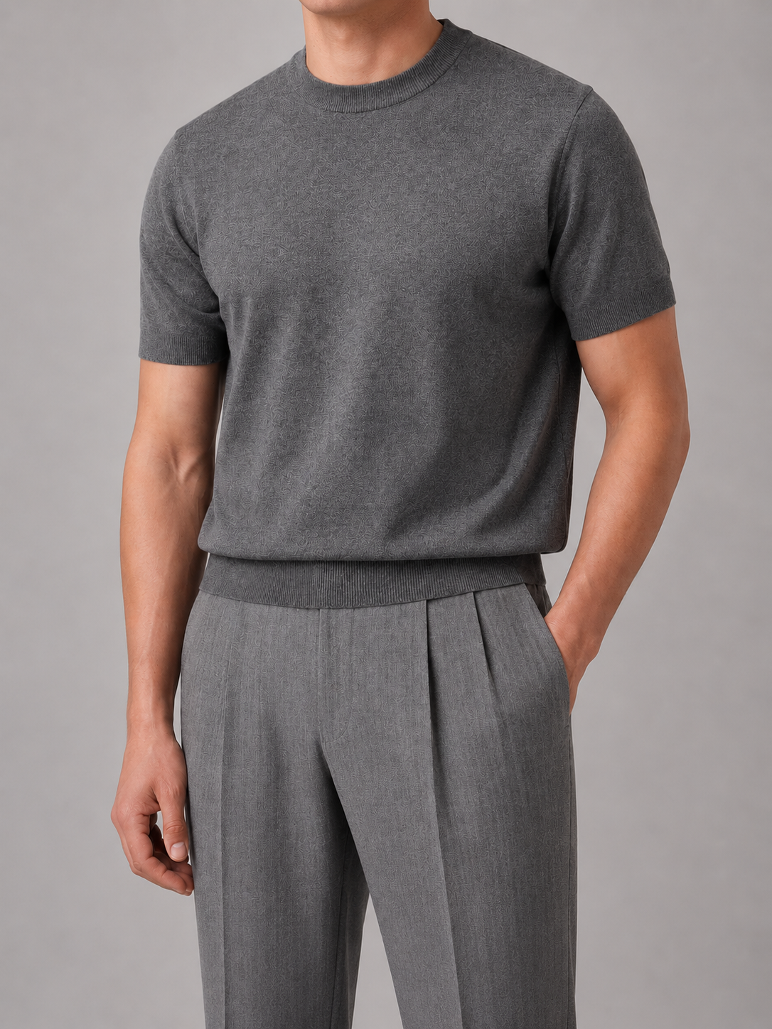 T-shirt męski z dzianiny krótki rękaw okrągły dekolt 1