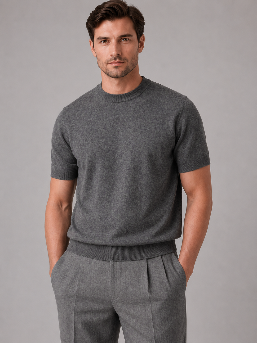 T-shirt męski z dzianiny krótki rękaw okrągły dekolt 4
