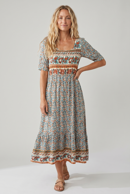 Joanna | Sukienka damska midi letnia w stylu boho z nadrukiem